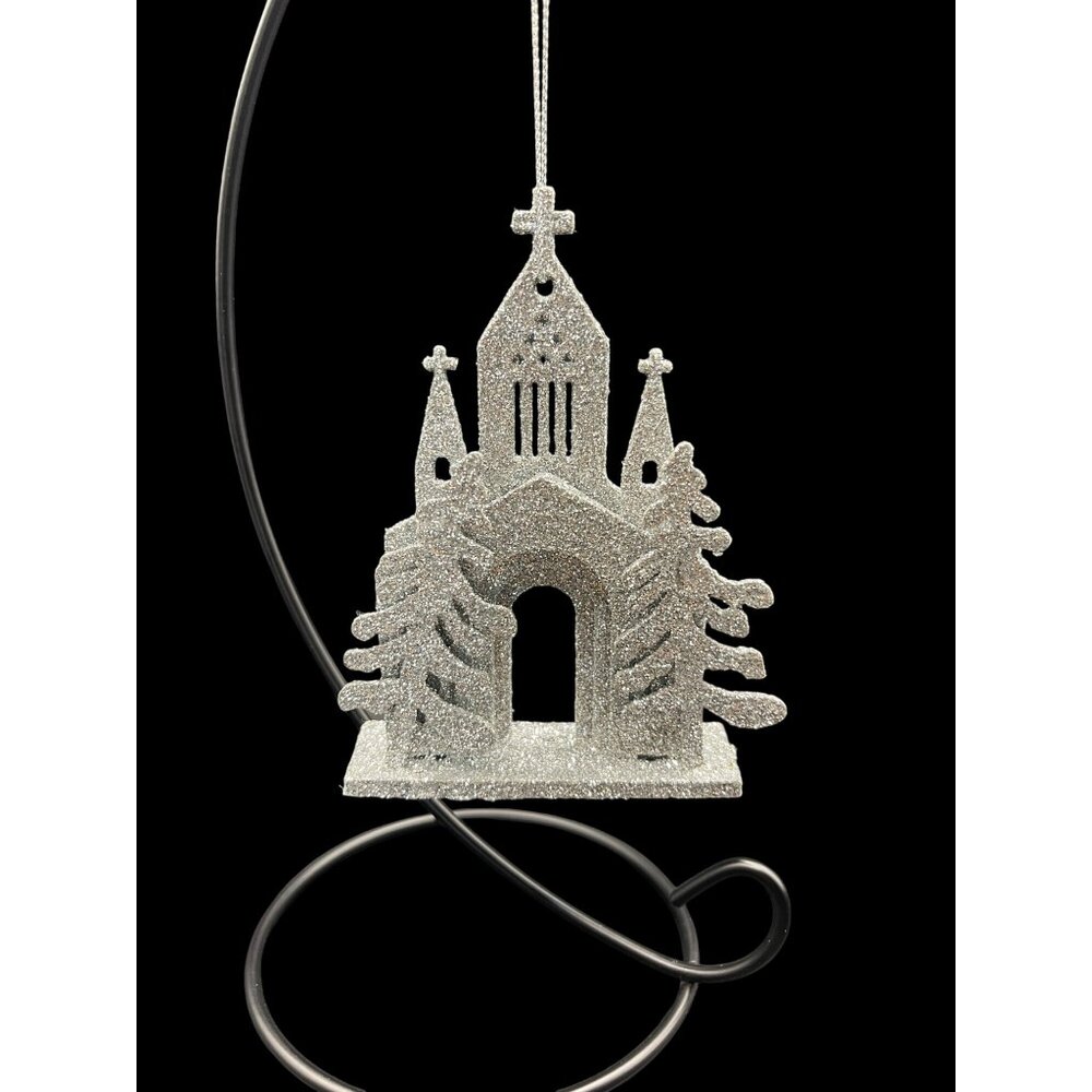 VINTAGE Silver Glitter Church Hanging 3D Christmas Ornament